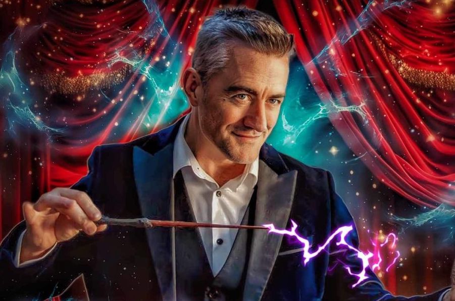 A smiling man in suit and shirt is holding a magic wand with bright coming out in a wiggly line.