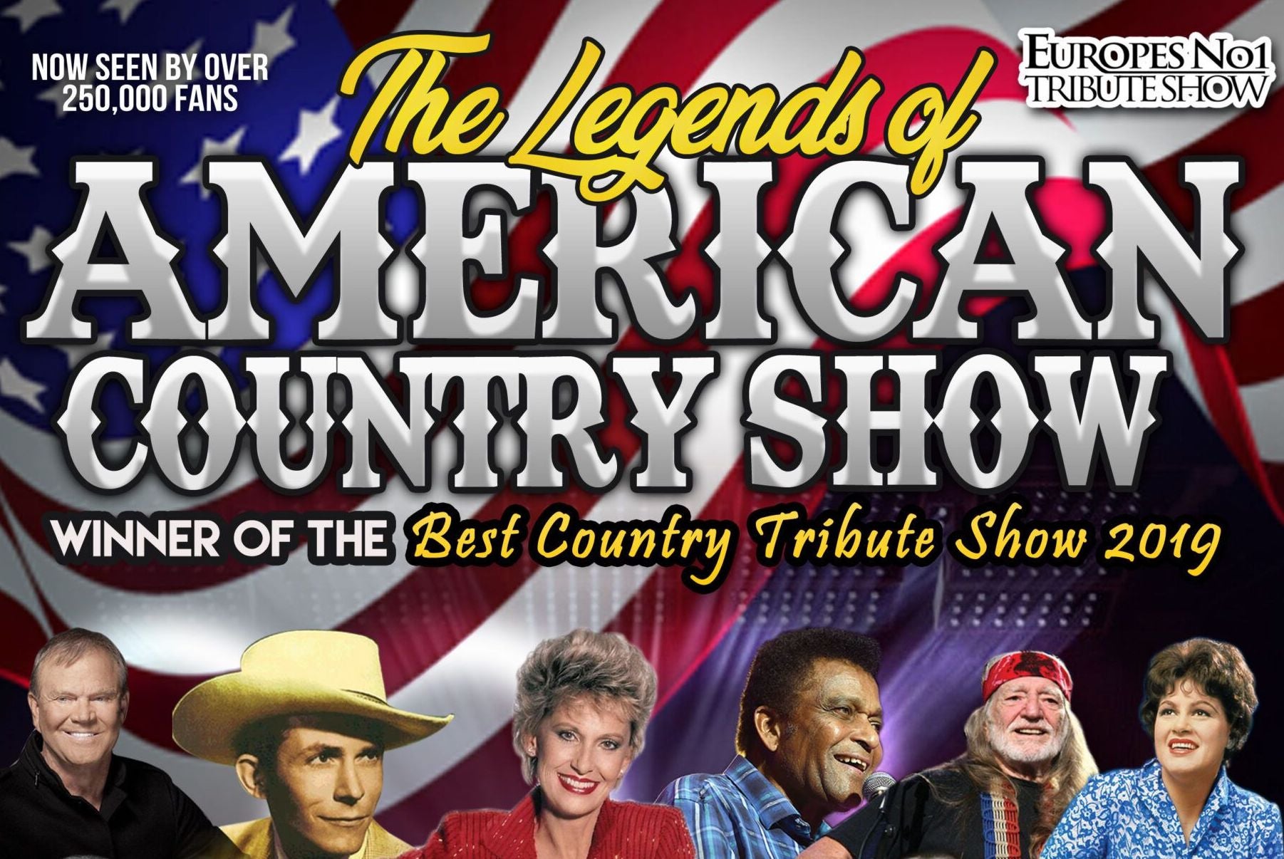 Large, white fancy text against stars and stripes American flag, with row of country music stars across the bottom.