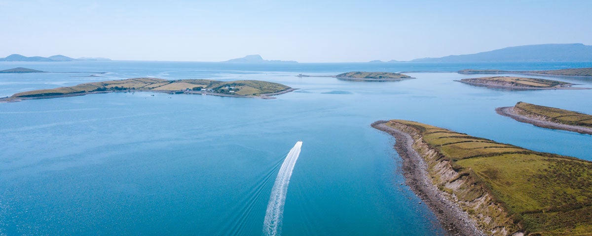 A high speed rib transfer to Collanmore Island in Clew Bay from Rosmoney Pier