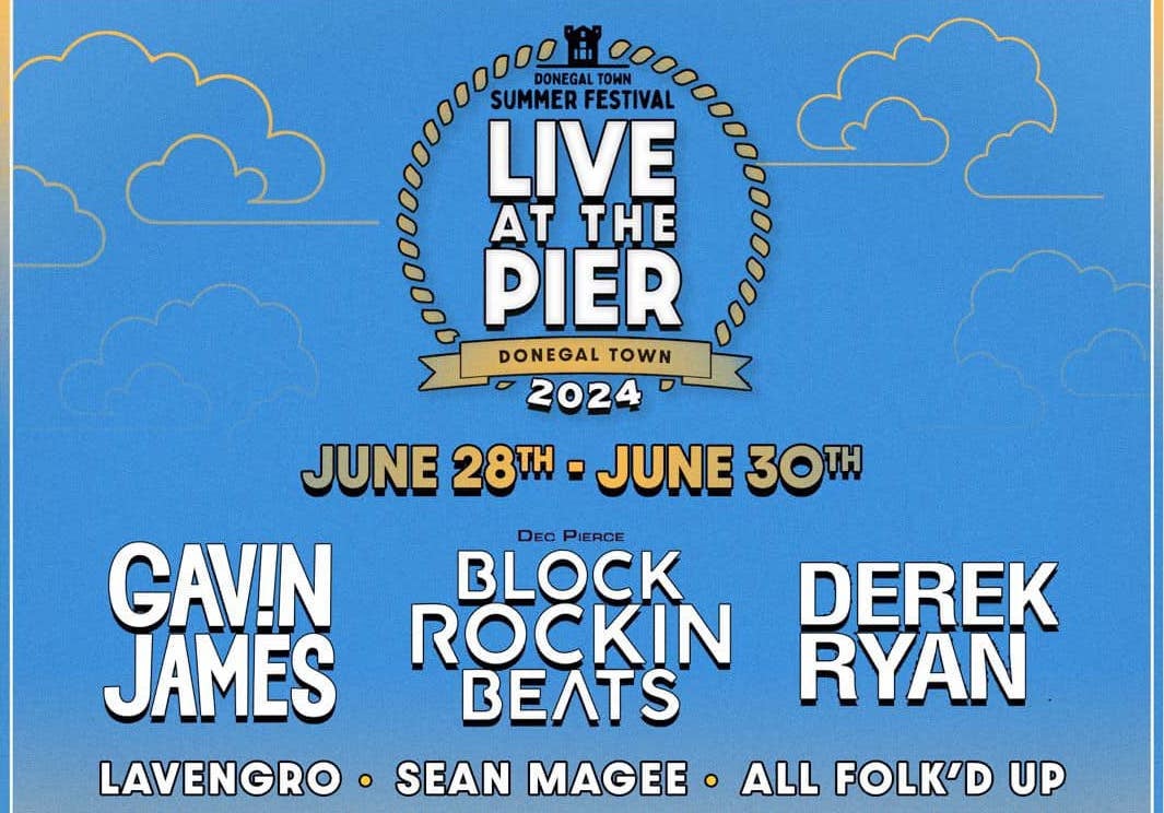 Donegal Town Summer Festival Poster, blue background with white event text.