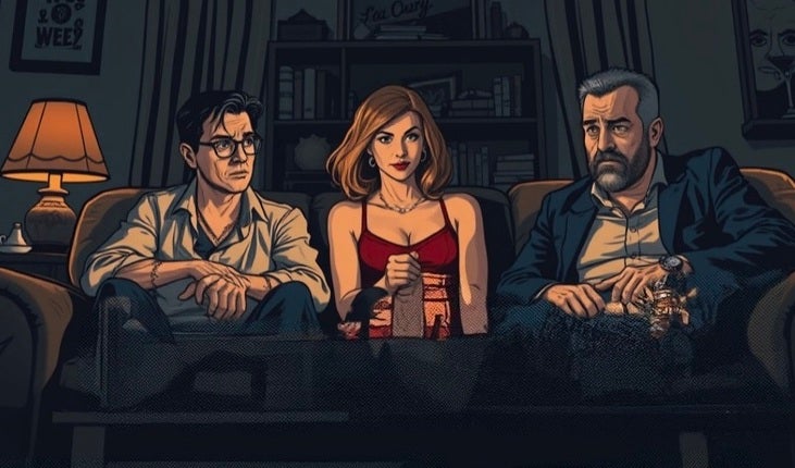 Cartoon type image of 2 men sat either side of woman on a sofa