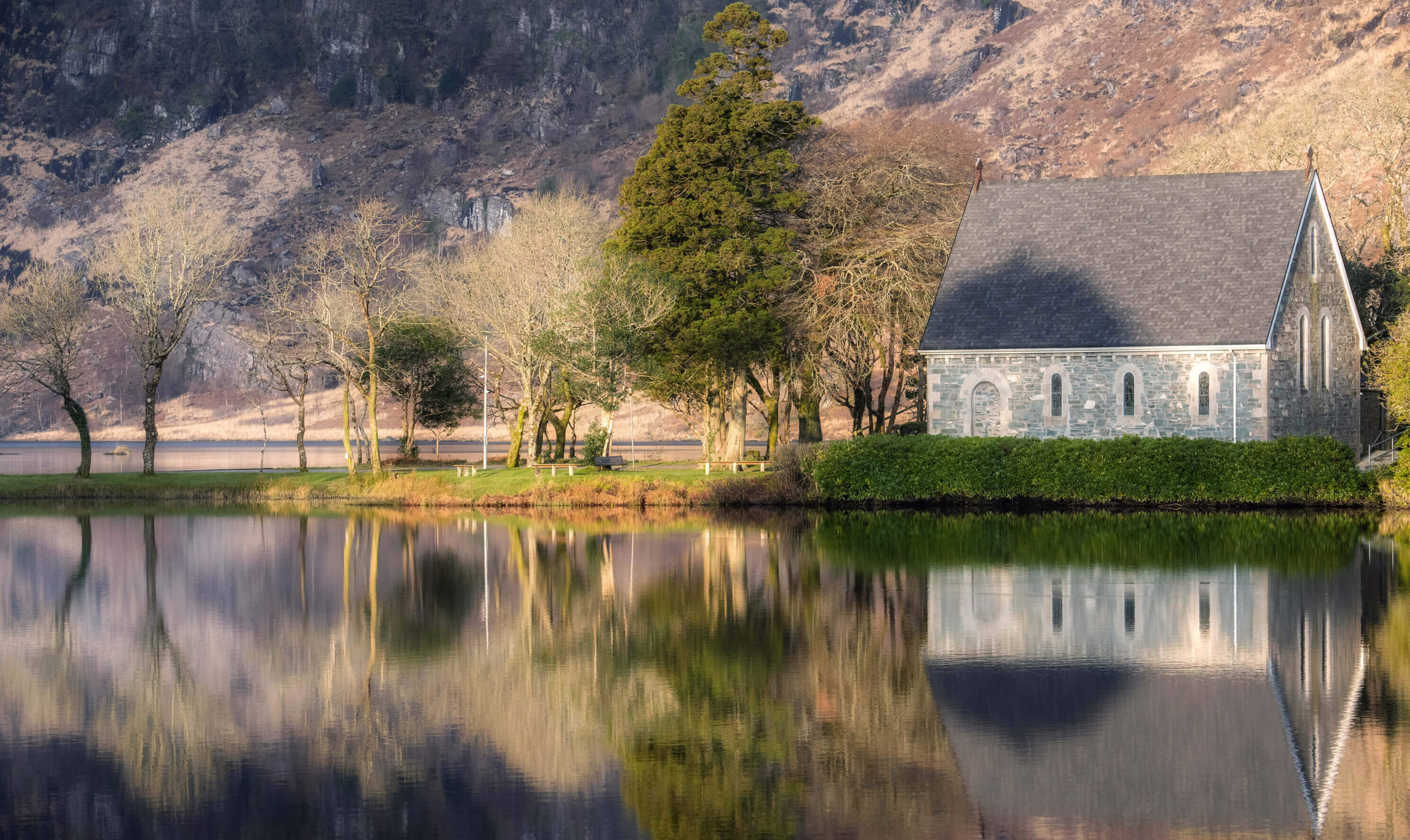 Reflection of Gougane Barra Church in water