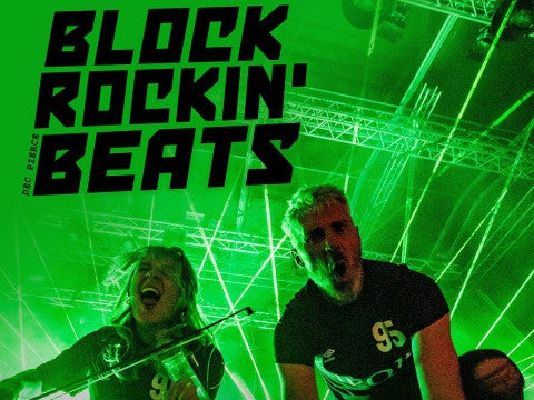 Poster with green lights and 2 people crouched down at camera.