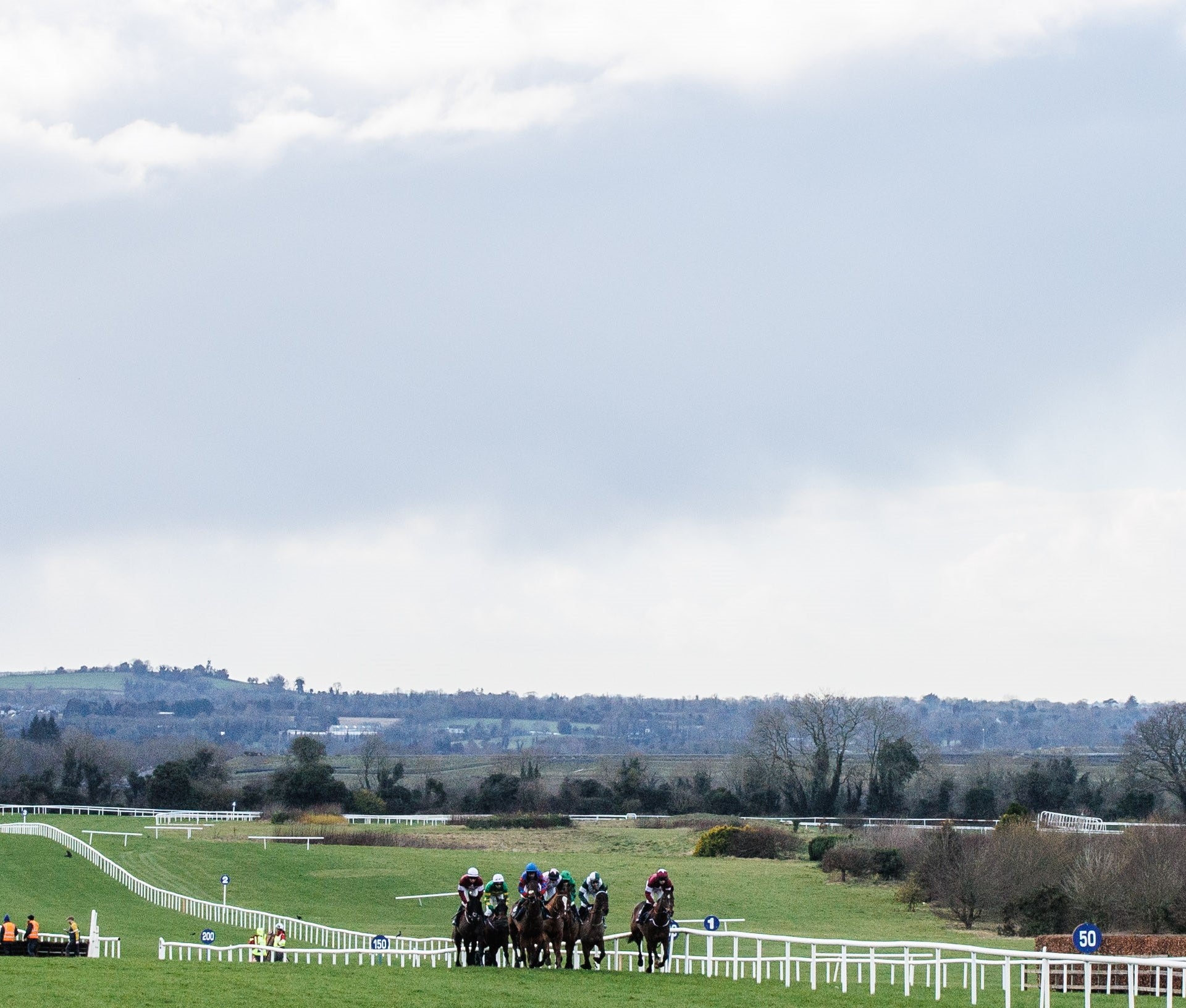 Horses racing on a racecourse with trees and a cloudy sky in the background