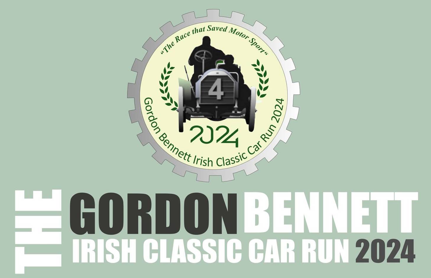 pastel green background with white or black event text and round logo with dark outline of old car with driver.