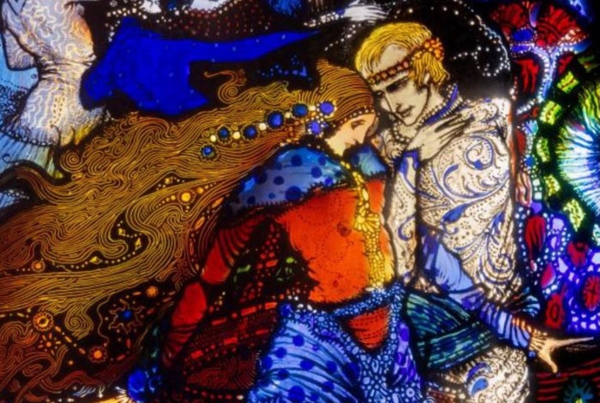 A close-up image of Harry Clarke's 'A Meeting' on display at Collins Barracks