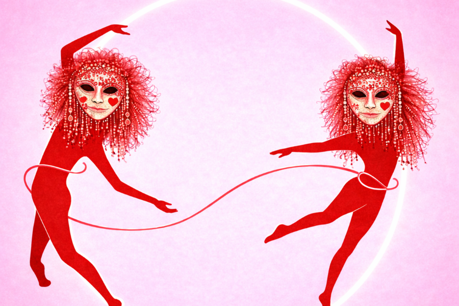 2 red dancing figures with a thin red rope joining them, against pick background