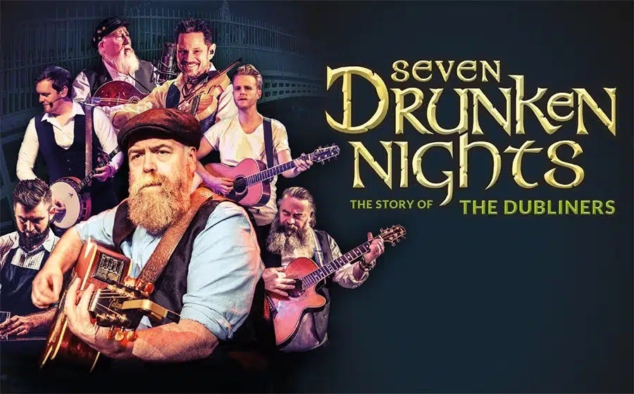 Collage of lots of different images in various sizes of men playing mostly guitars, dark background with yellow event text to the side.