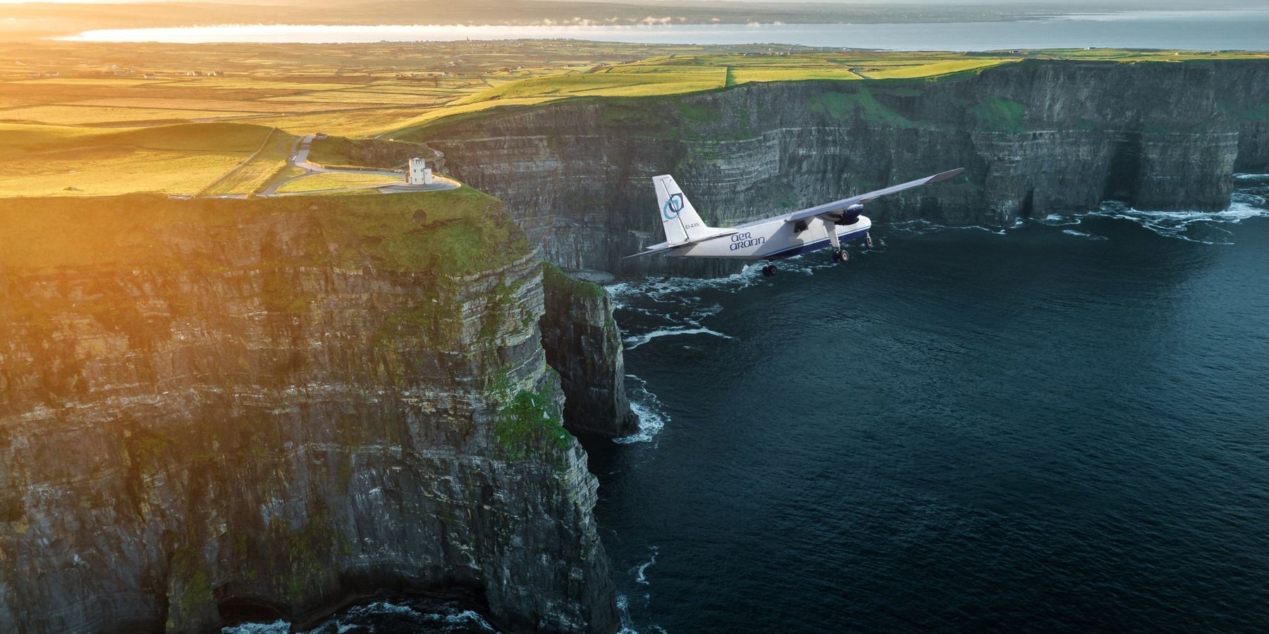 Aerial view of the Cliffs of Moher with Aer Arann Islands tours