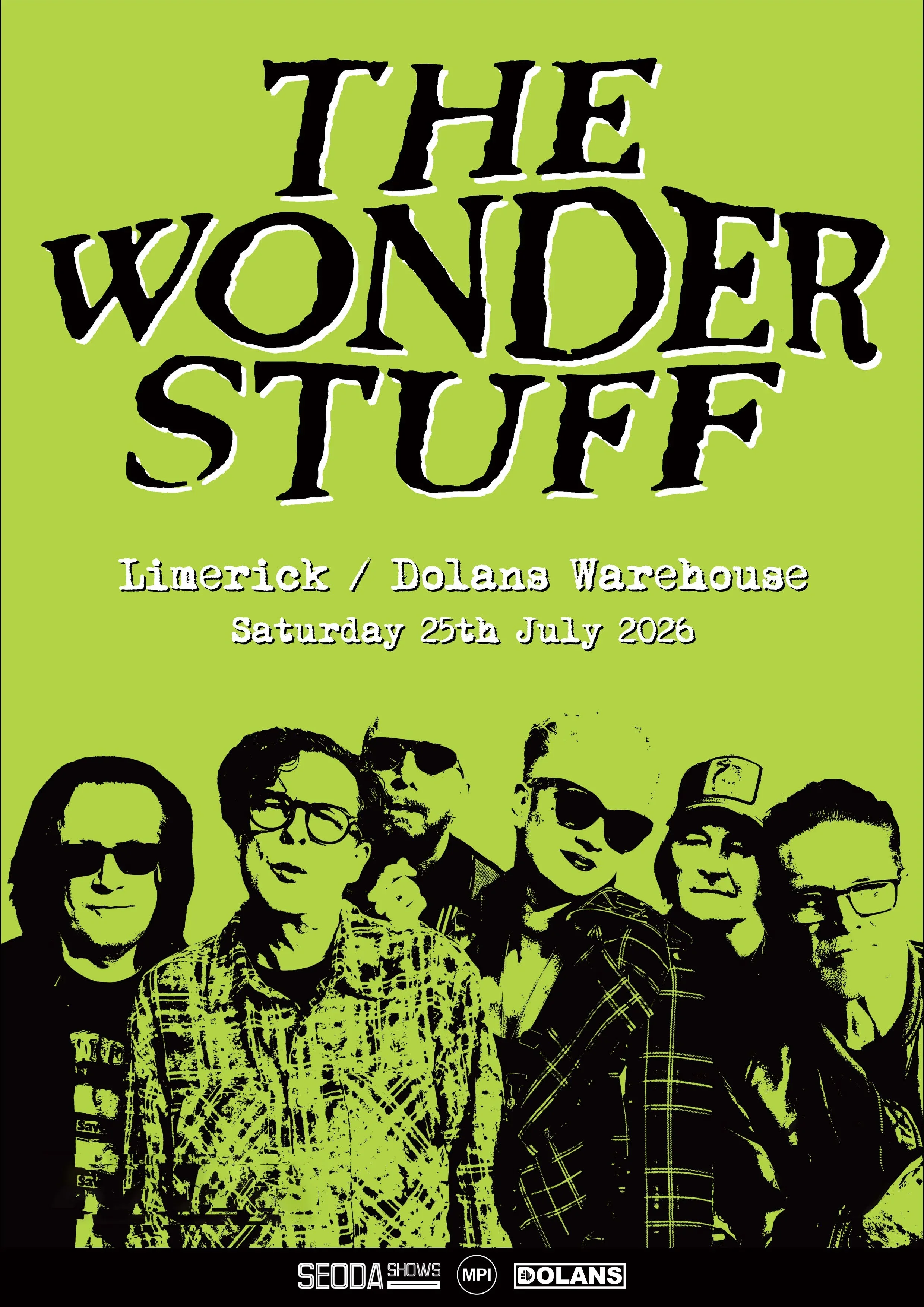British indie band The Wonder Stuff, poster in lime green with black and green images of band across the bottom edge with text above.