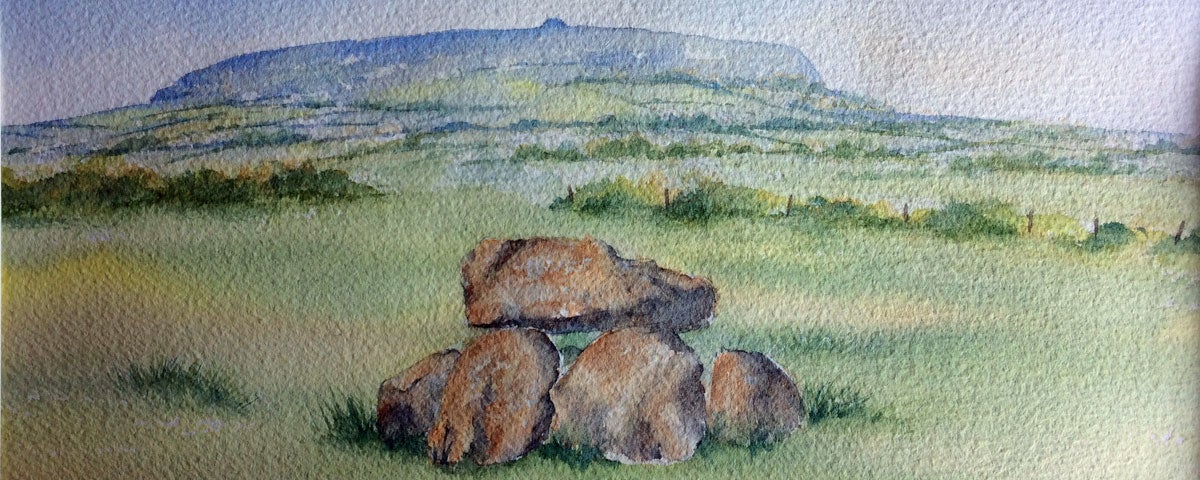 A watercolour painting of a dolmen in a field with hills in background