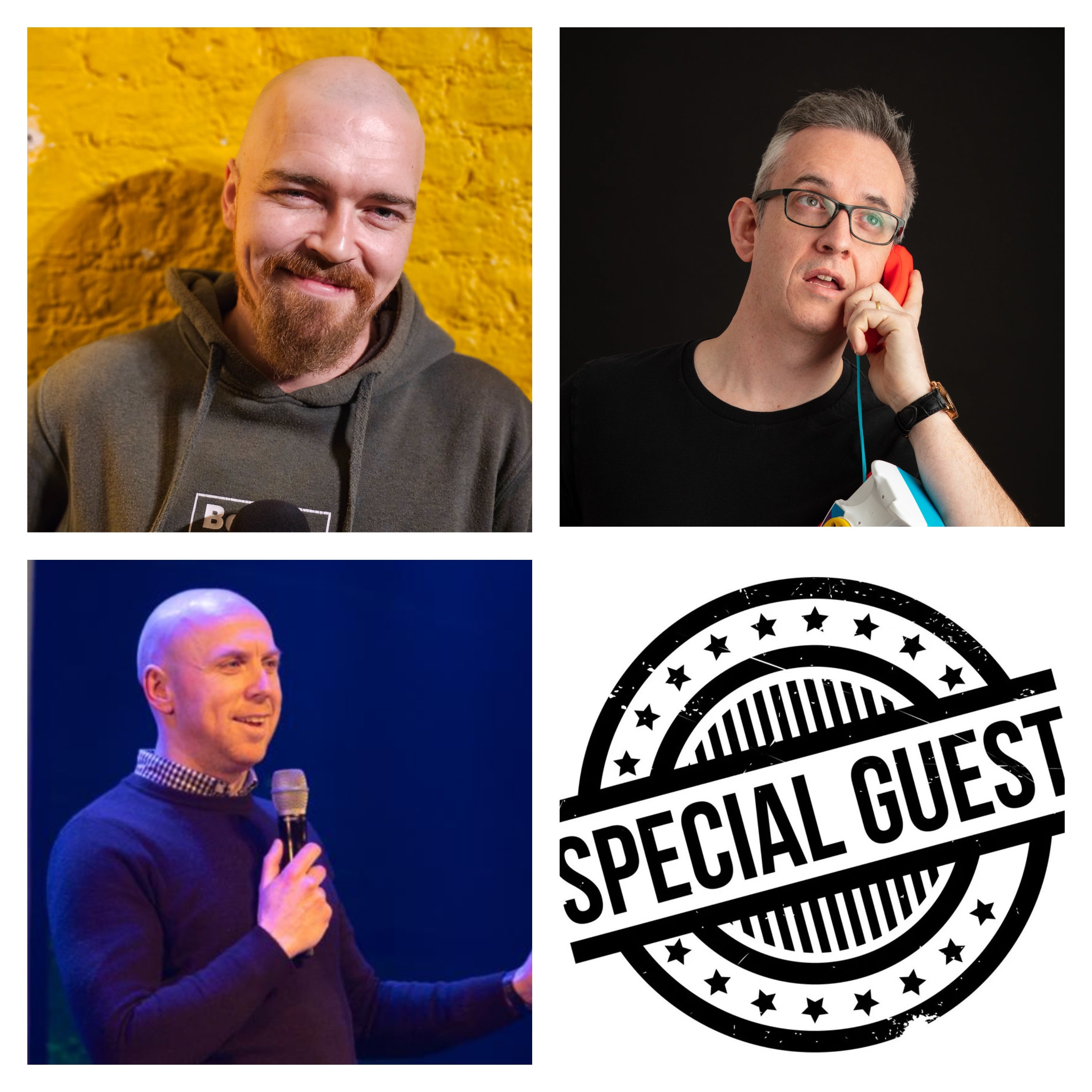 3 different men, holding mics or one is holding a small toy phone to his ear.