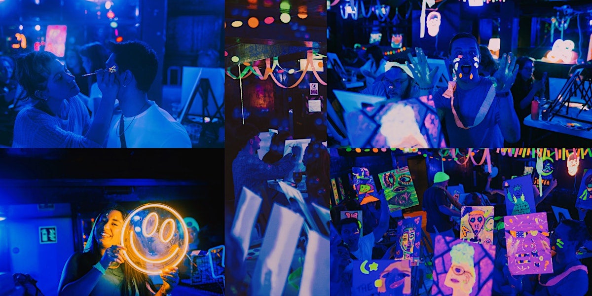 Neon Painting | Reggaeton, pictures of various groups painting in a dark, neon lit room.