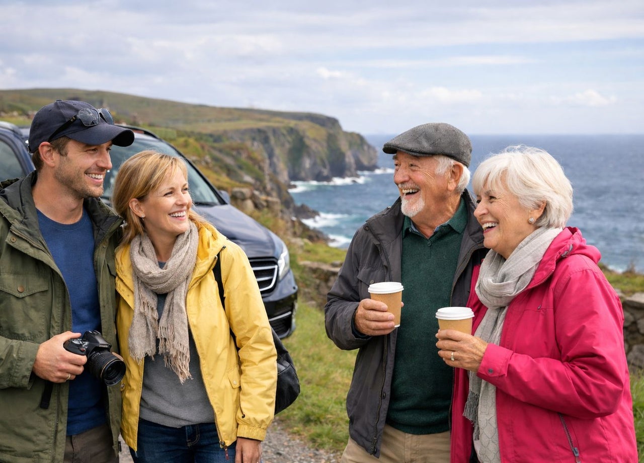 Two couples stand together with cups of coffee and cliffs in the background