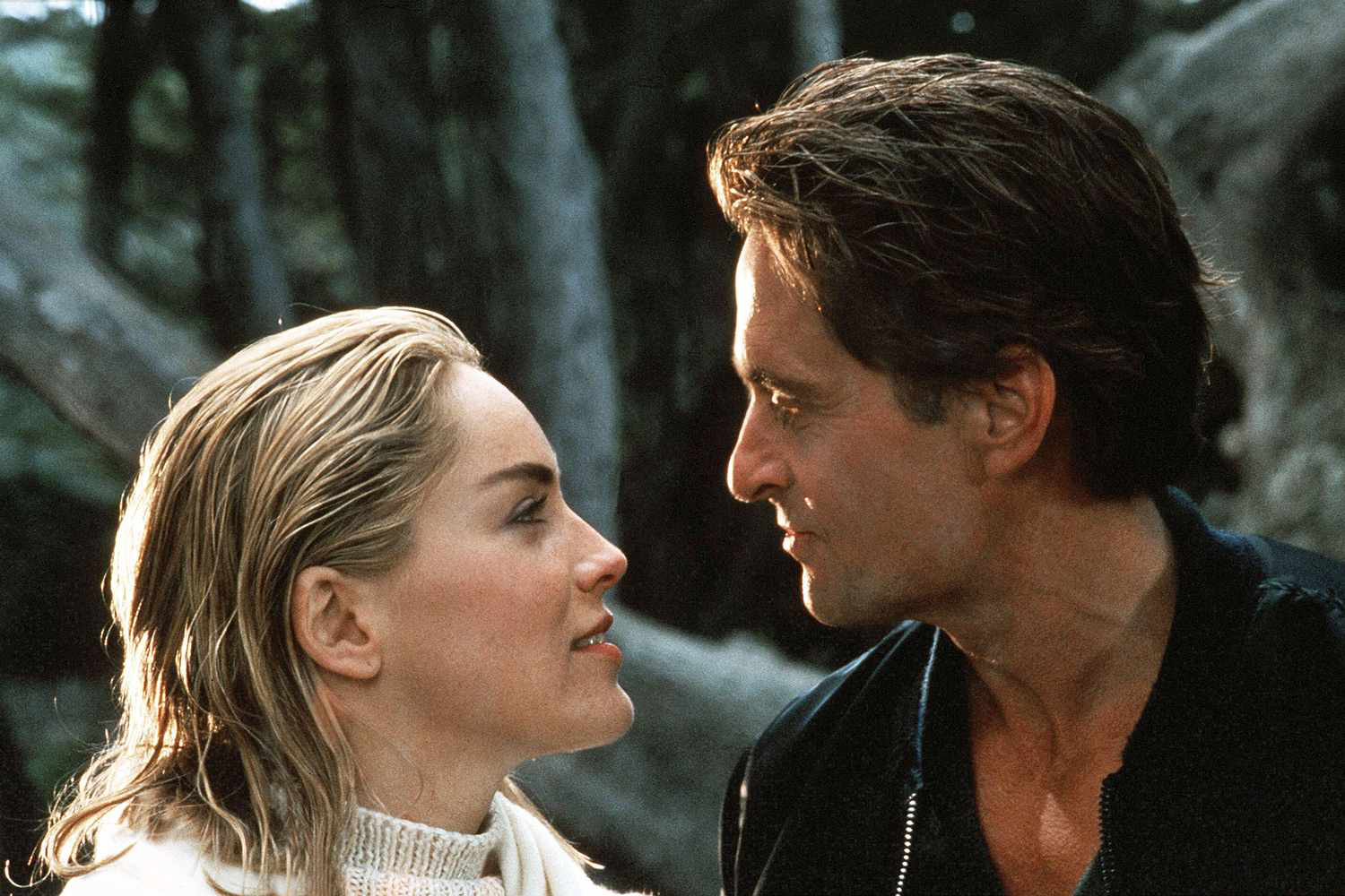 Michael Douglas and Sharon Stone as they appeared in Basic Instinct.