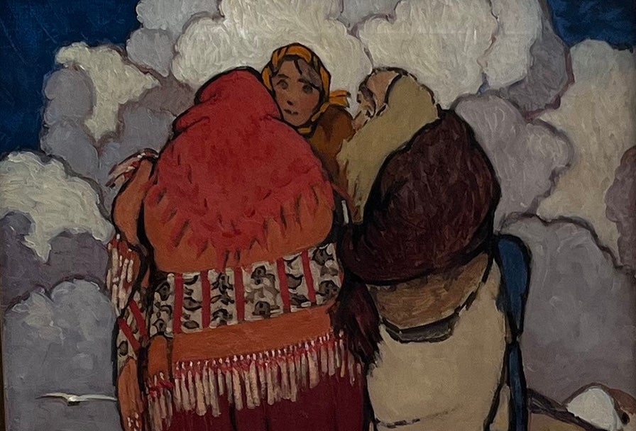 Painting with 3 women wearing shawls in a huddle