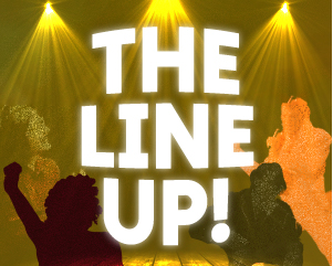 White text over dull green and yellow background of downward spotlights and grainy silhouettes of figures performing.