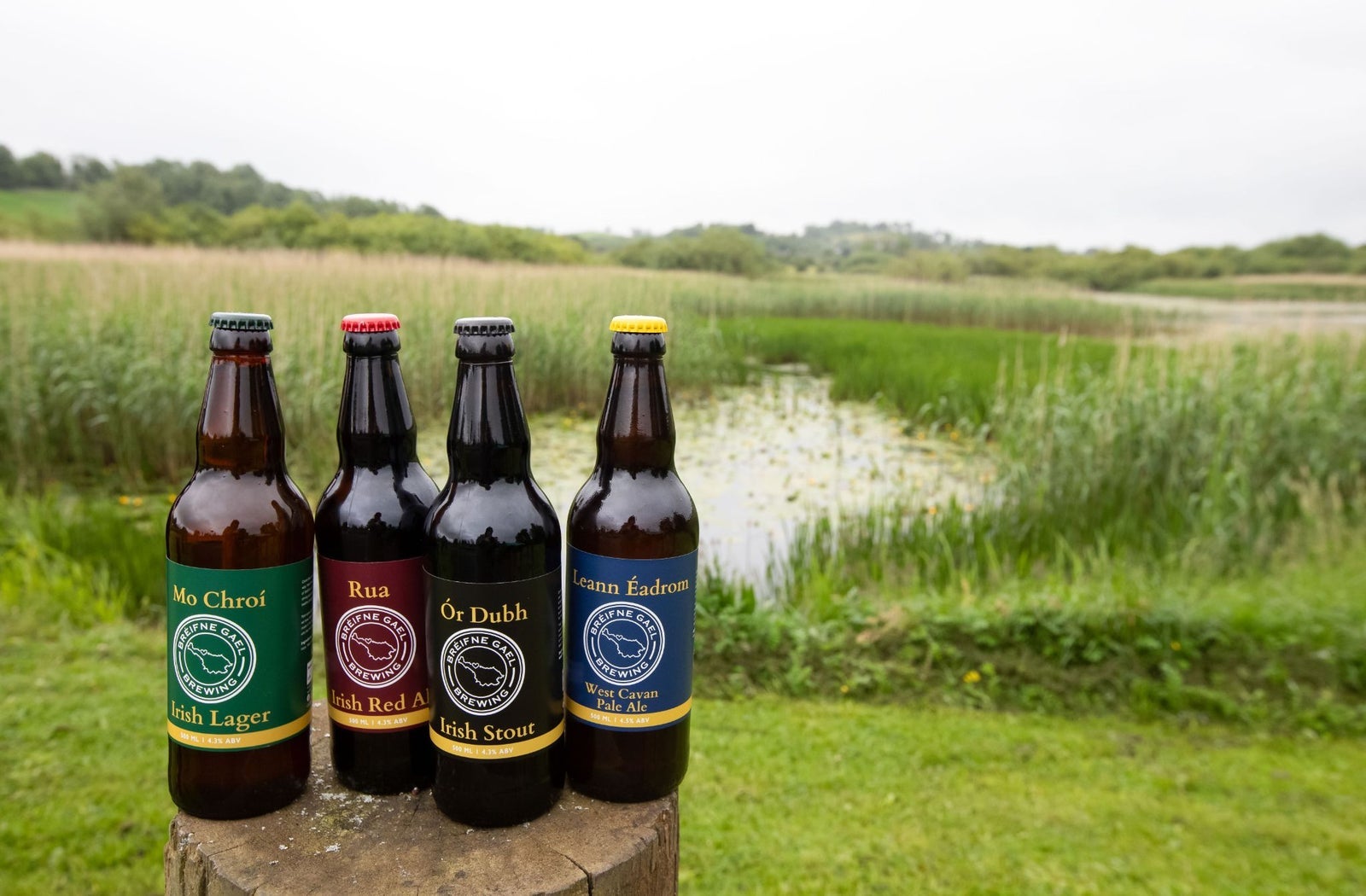 Four bottles of beer with branded labels with a lake view in the background