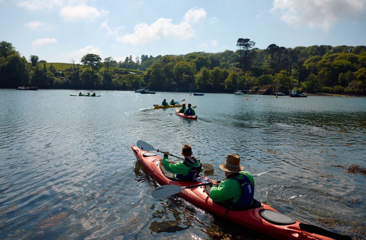 Kayakers on a lake lined with trees on a sunny day
