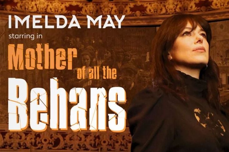 Text with a woman dressed in black looking away into the distance.