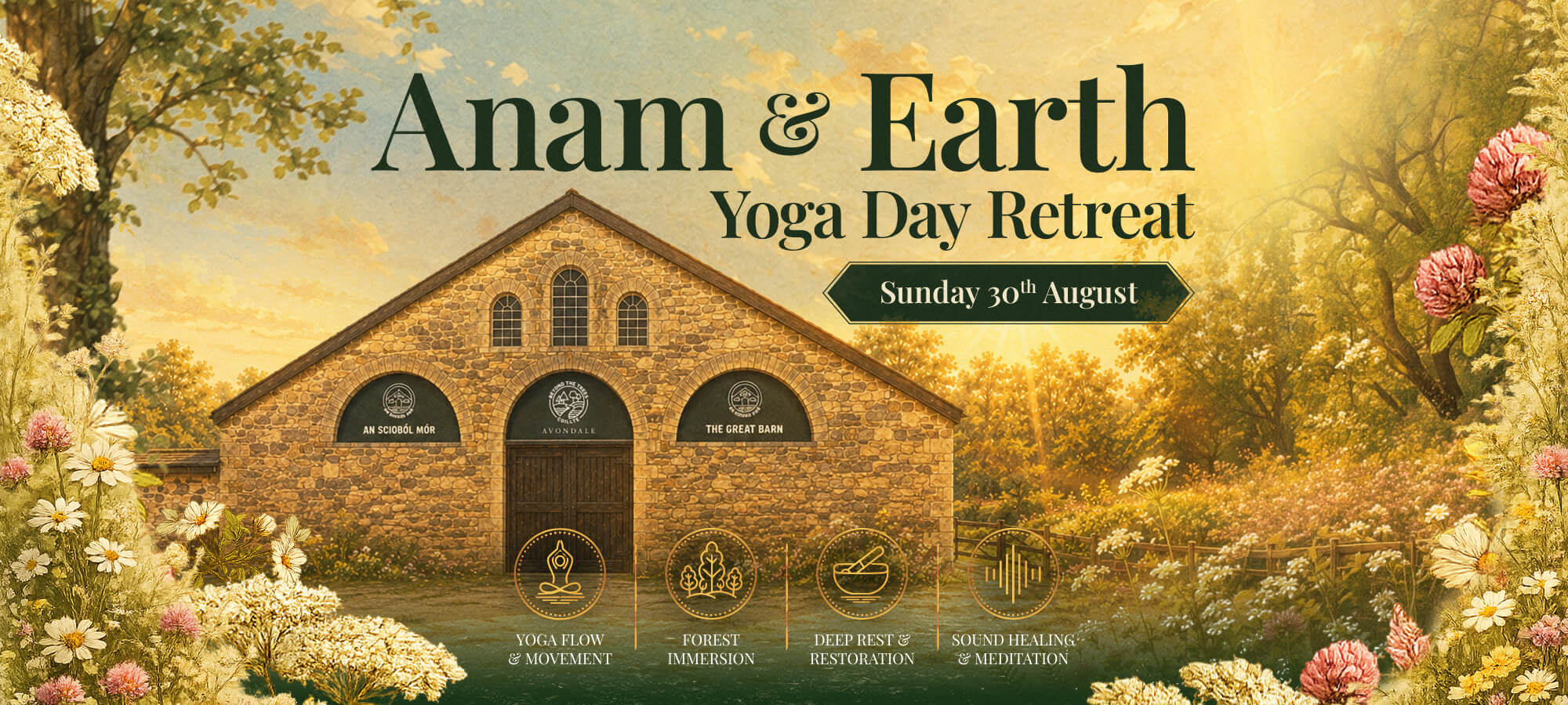 Join us for Energising Vinyasa Flow & deeply restorative Yoga Nidra, Guided Forest Bathing with Cathelijne de Wit, Celtic Sound Healing Journey with Liam Oragh – Therapy of Sound and a delicious two-course seasonal lunch at the Seed Café