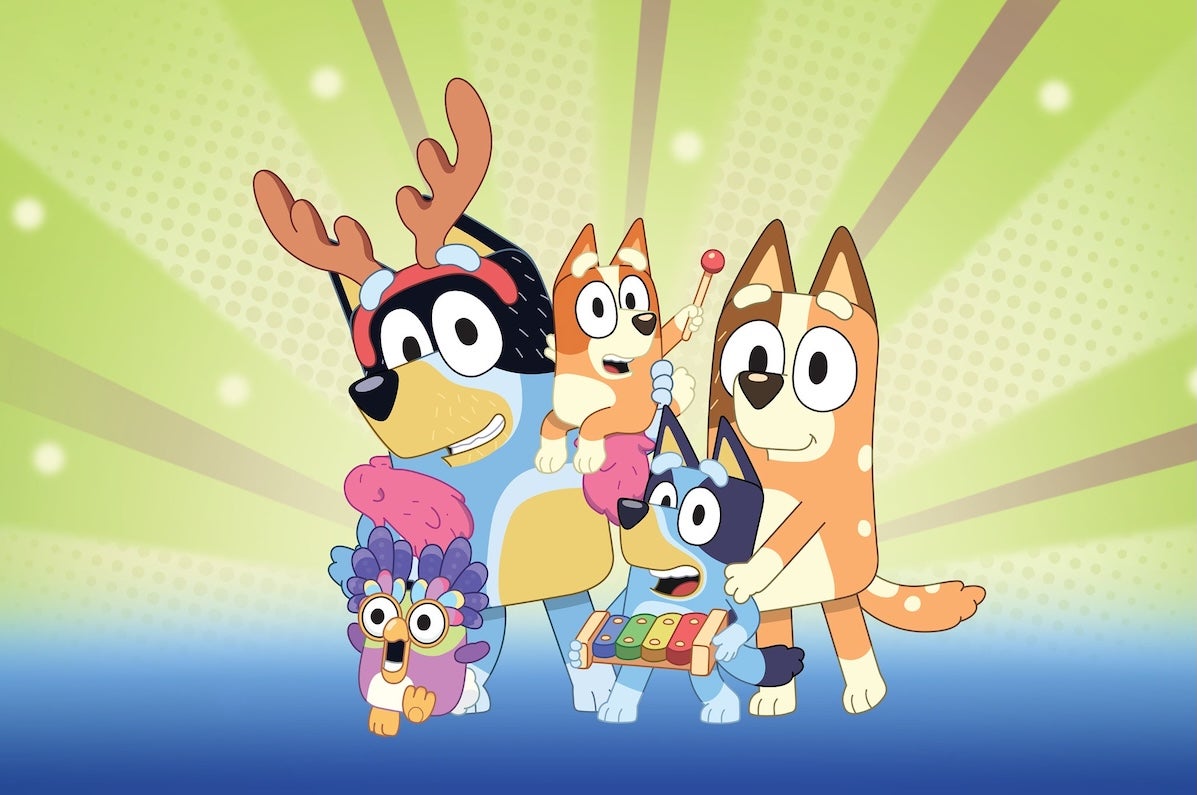 Cartoon image of 2 large dog type characters each holding a small version of themselves, all smiling.