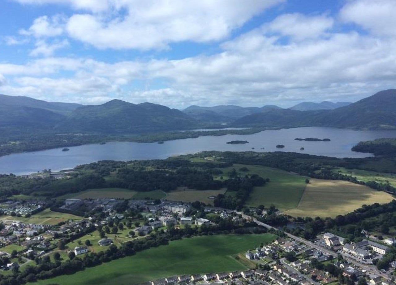 An aerial view from the helicopter overlooking Killarney lakes