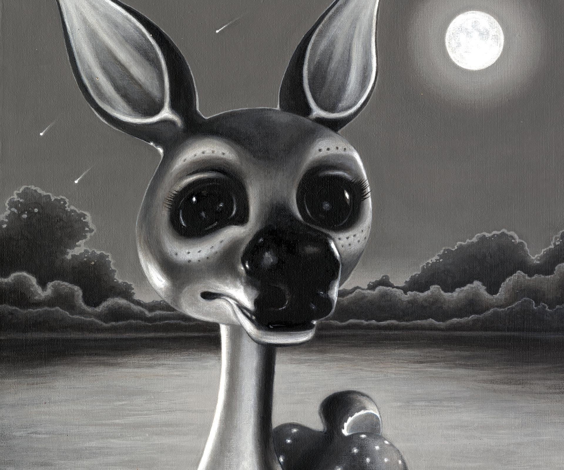 Black and white shaded drawing of a doe in moonlight