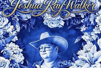 Joshua Ray Walker, a blue and white poster with flowery border around sad looking man in a large brim hat