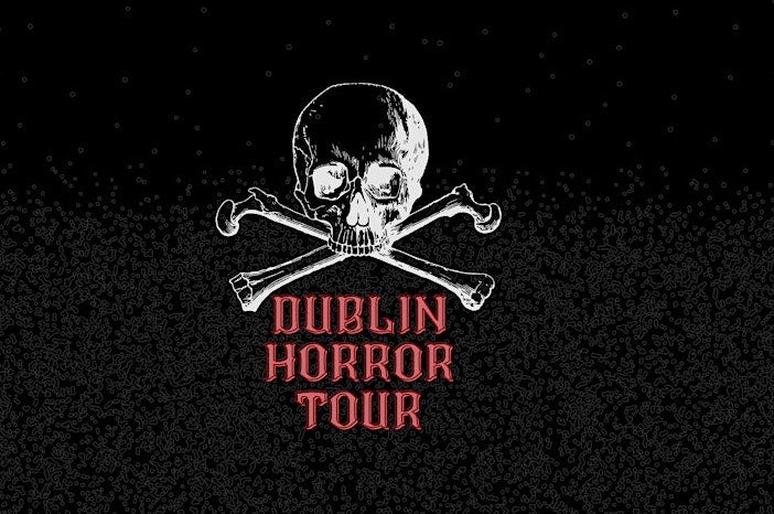 white skull and crossed bones with red text on black background.