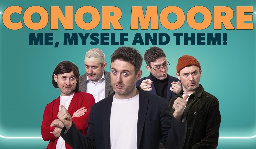 A man in front of himself dressed in various characters