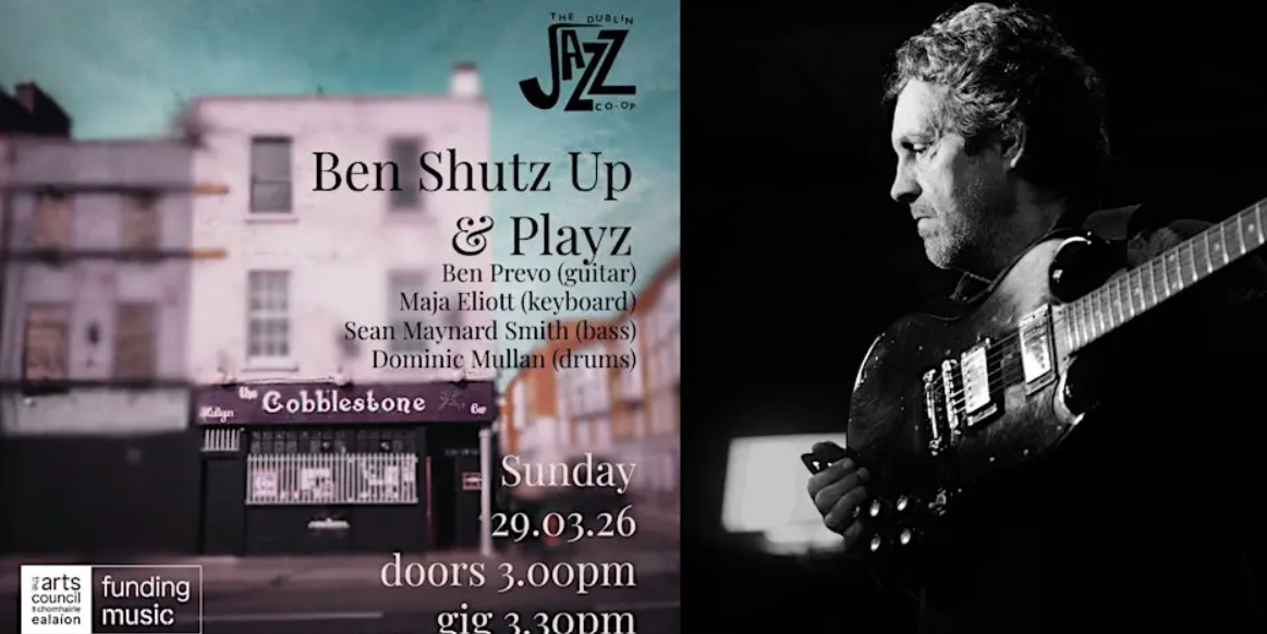 Ben Shutz Up & Playz at The Cobblestone - a man with an electric guitar beside an image of the front view of a pub.