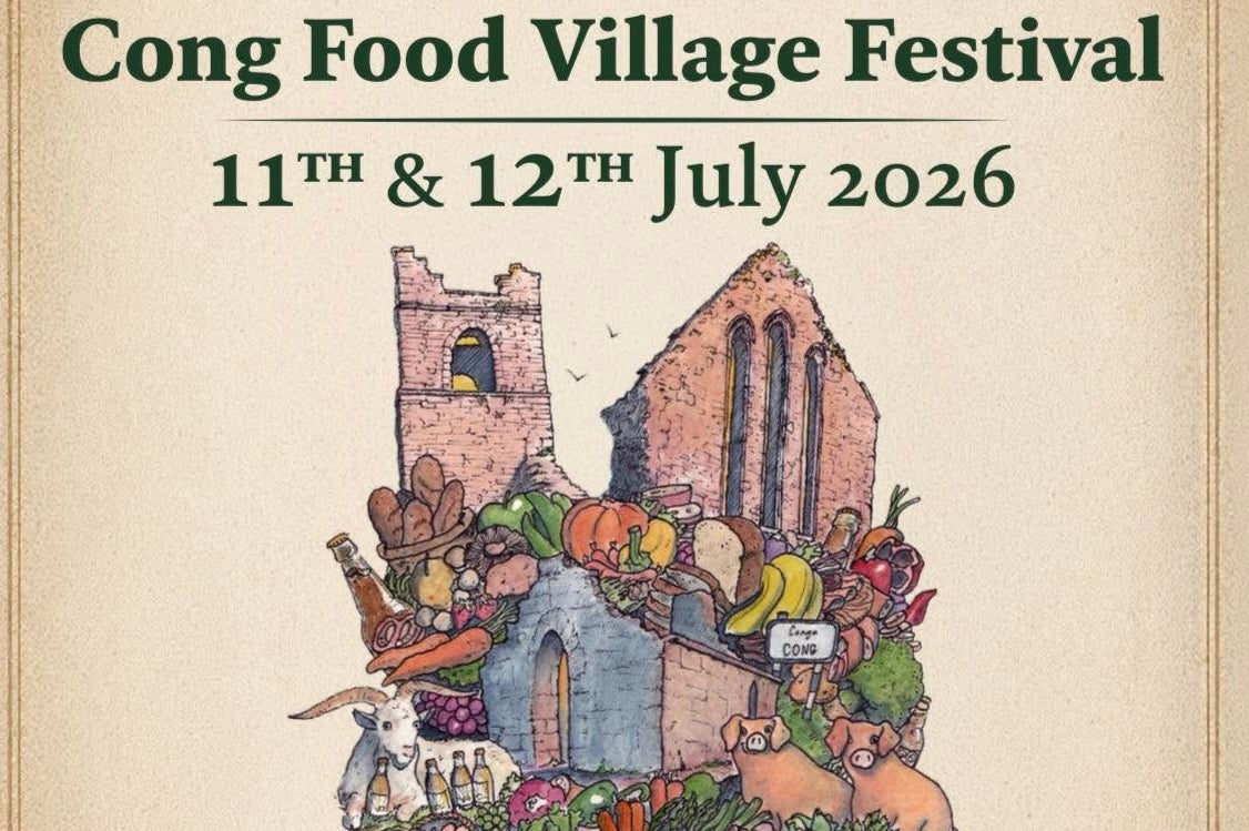 Part of poster for festival with hand drawn picture of church building with different foods and animals.