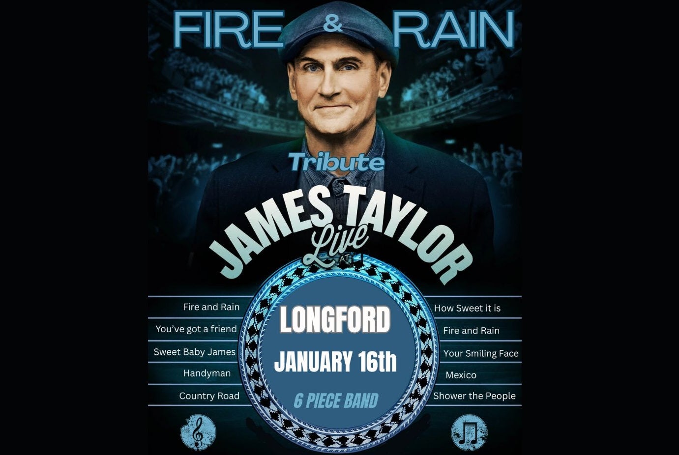 A Tribute to James Taylor at Backstage, poster with slightly smiling man wearing a cap above event text.
