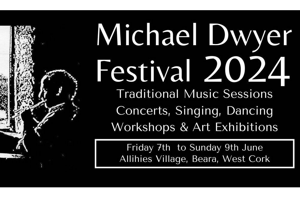 Black background with white text, image of a man seated playing a tin whistle by a window.