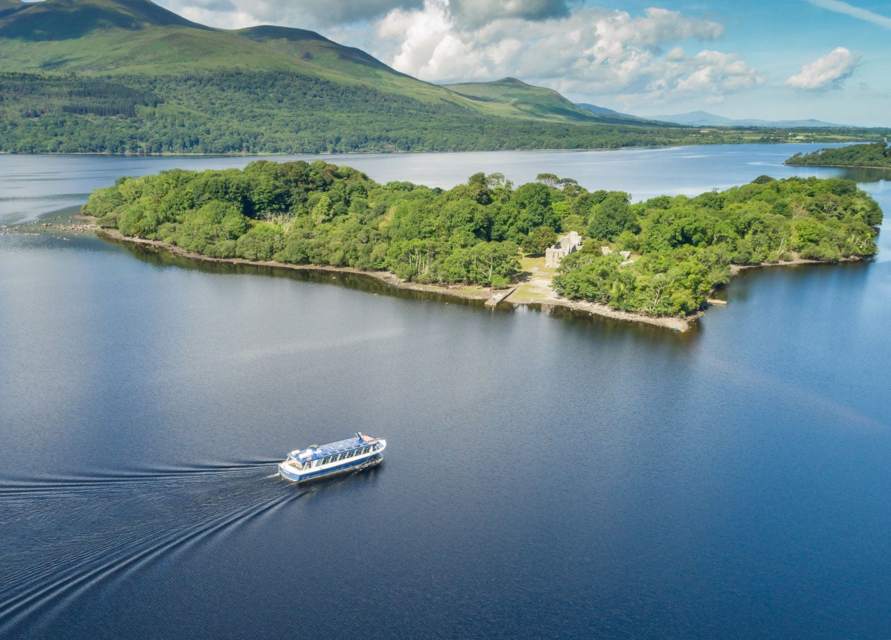 Innisfallen Island and the water bus boat out on a tour