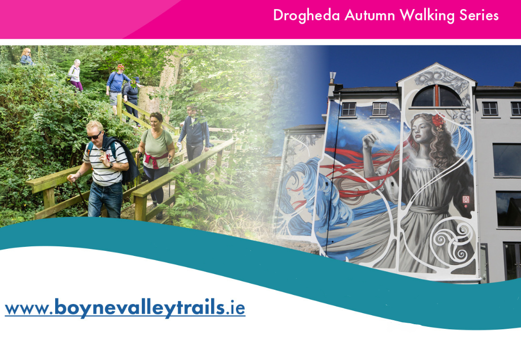 Part of poster showing people hiking across a small wooden bridge, and the side of a building with large mural of a woman.