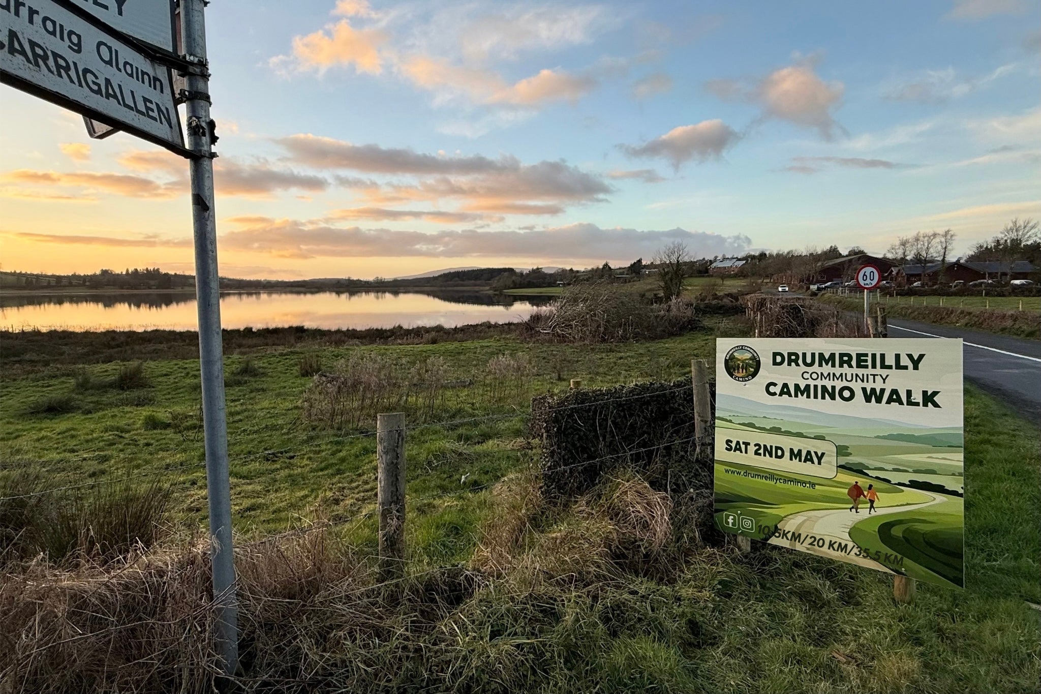 A quiet country road overlooking the sunset at Drumcoura City in South Leitrim. The peaceful rural landscape highlights the scenic setting for the upcoming community walking event on May 2nd.