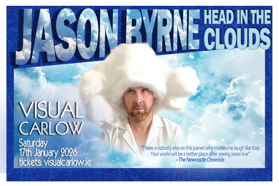 A man looking upwards in white shirt with head covered in huge, white, fluffy hat surrounded by clouds and blue text.
