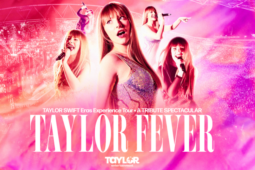 Taylor Fever - 2026 World Tour - pink poster with different views of a woman in sparkly dress singing.