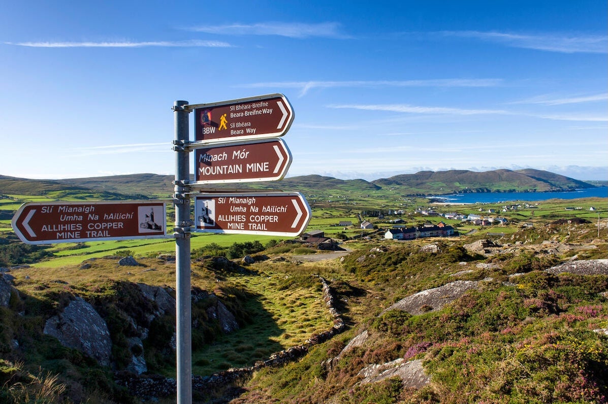 A sign post with brown tourist signs pointing in different directions, with expansive view over hills and water in the background.