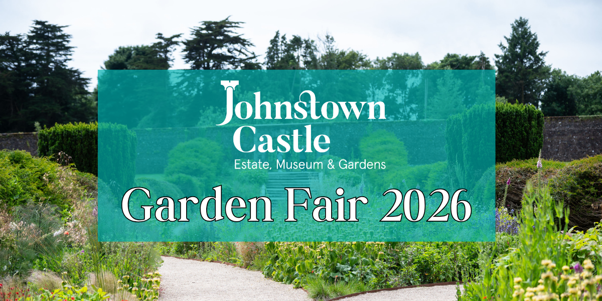 The main promotion image of the Johnstown Castle Garden Fair 2026 with the walled garden herbaceous borders as a backdrop.