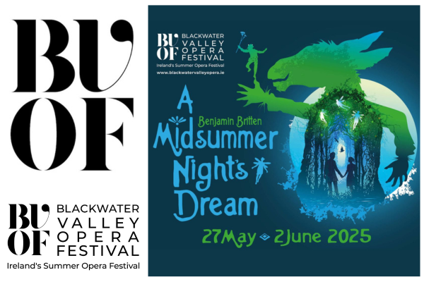 A Midsummer Night's Dream at BVOF, blue poster with green outline of a vertically standing donkey containing a couple holding hands in woods.