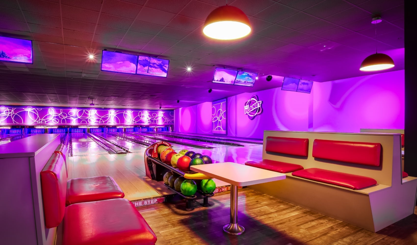 A view of the seating area next to the bowling alley at Planet Entertainment Galway