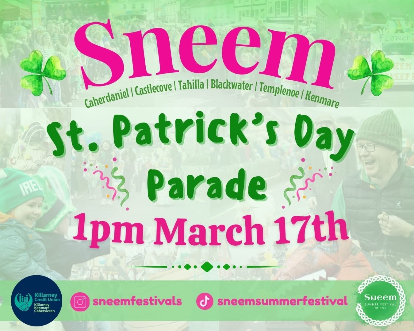 Details of st Patrick’s day on green poster with pink or dark green writing