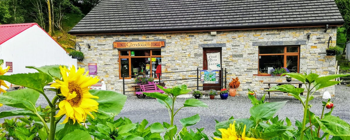 An exterior view of the craft shop which is a bungalow with a window to the left and right of the front door which has a long railed wheelchair ramp leading to the front door and in the forefront of the picture there is sunflowers in full bloom