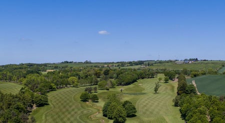 An aerial view of a golf course dotted with trees and bushes