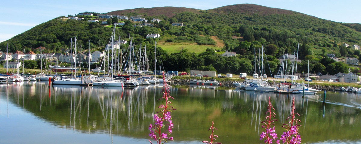 A view of the Marina showing multiple boats berthed against a mountainside backdrop