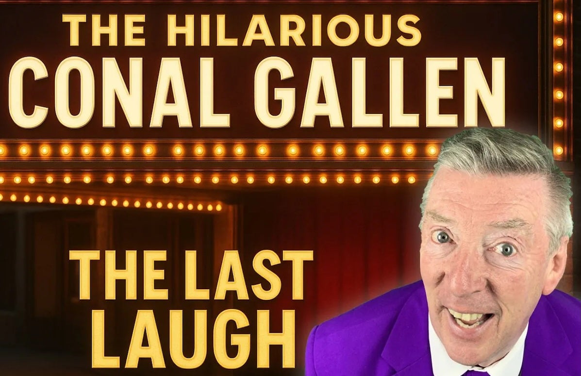 Conal Gallen – The Last Laugh Tour, a laughing man in a purple suit and tie