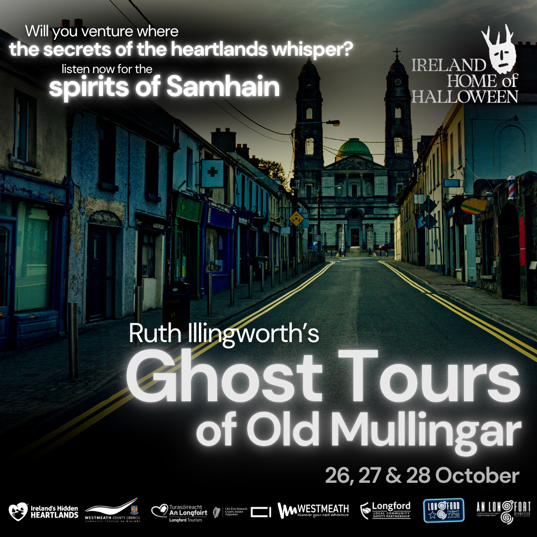 Ghost Tours of Old Mullingar - a view of an empty street at dusk with a church in the distance at the end of the road.